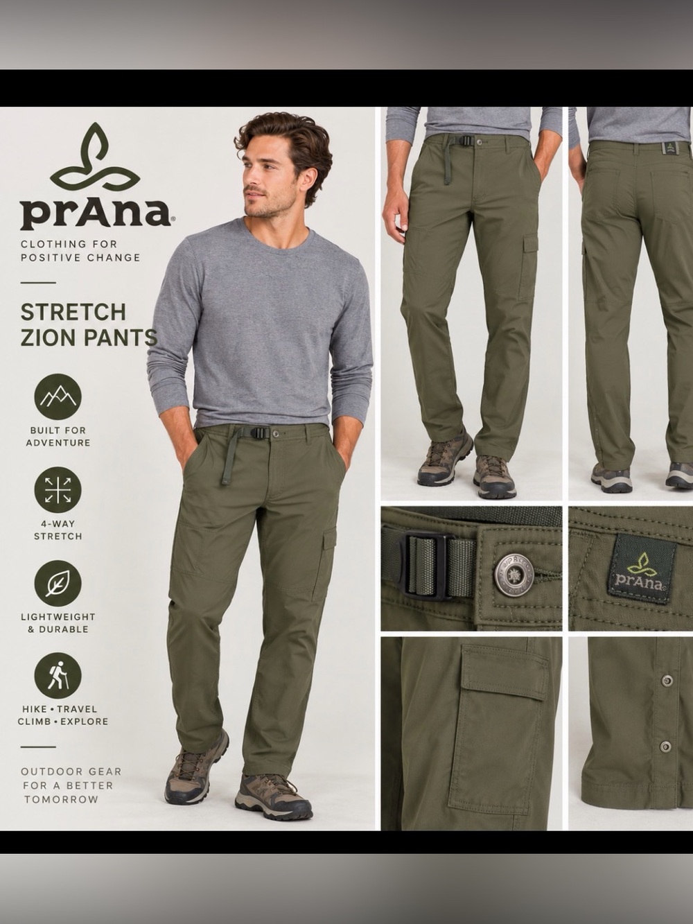 prAna Stretch Zion Pants Men’s 38x32 Olive Green Hiking Cargo Outdoor